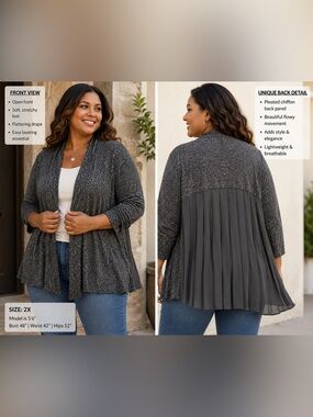 Green Envelope Charcoal Marled Knit Cardigan with chiffon pleated back in 2X